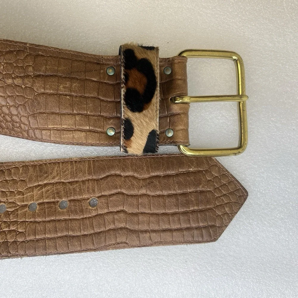 Vintage Ruza Croc Embossed Leather Wide Belt Leopard Strap Women 38